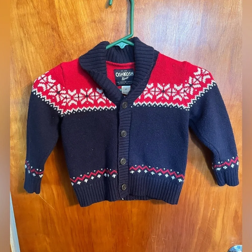 3T OshKosh B'gosh Boy's Red White & Blue Nordic Cardigan Sweater